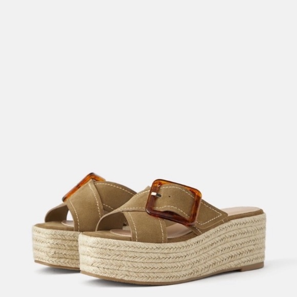 Zara Leather Platform Espadrille Wedge Buckle 6.5